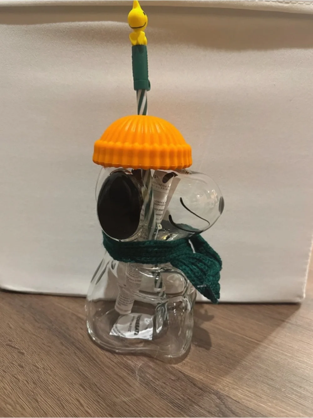 Starbucks Clear Glass Snowman Ornament with Orange Hat & Green Scarf